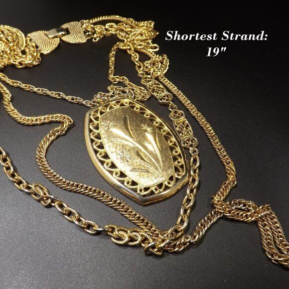 Vintage 3 Strand Necklace, Gold Plated, Goldette Style, Floral Pendant, 1960s - Picture 8 of 9